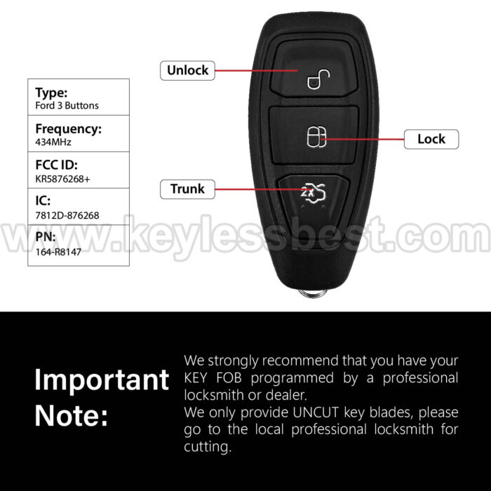 2015 -2019 Ford Focus / 3 Buttons Keyless Entry Remote / KR5876268+ / PN: 164-R8147 / 49 - Image 3