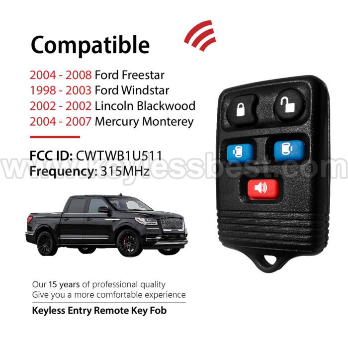 1998-2007 Ford Lincoln Mercury Monterey Blackwood Windstar Freestar / 5 Buttons Keyless Entry Remote / CWTWB1U511 / PN:XF2T-15K601-AA - Image 2