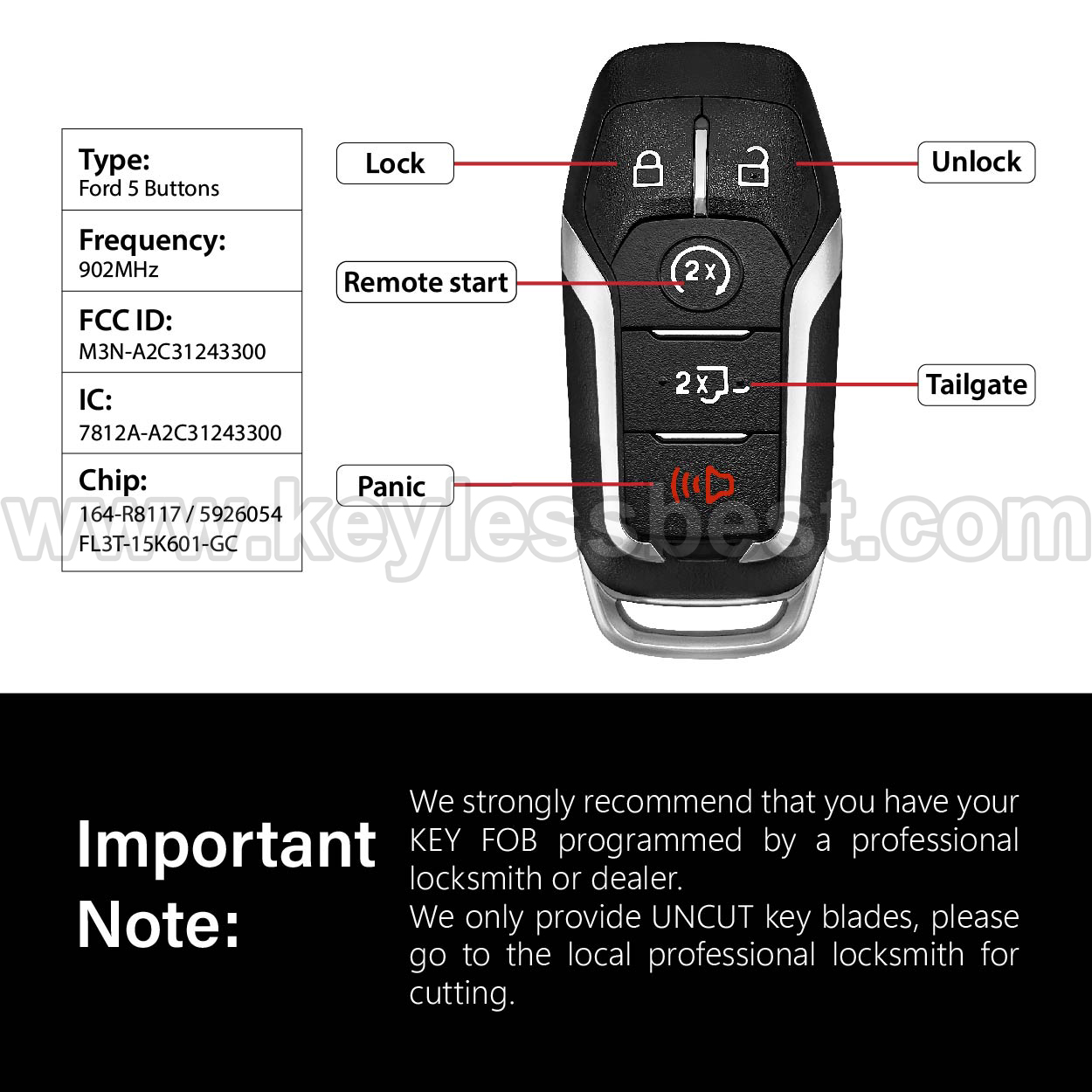 2015-2017 FORD F150 F250, F350, F450 SUPER DUTY EXPEDITION / 5 Buttons Keyless Entry Remote / M3N-A2C31243300 / PN: 164-R8117,5926054 FL3T-15K601-GC / 49 - Image 3