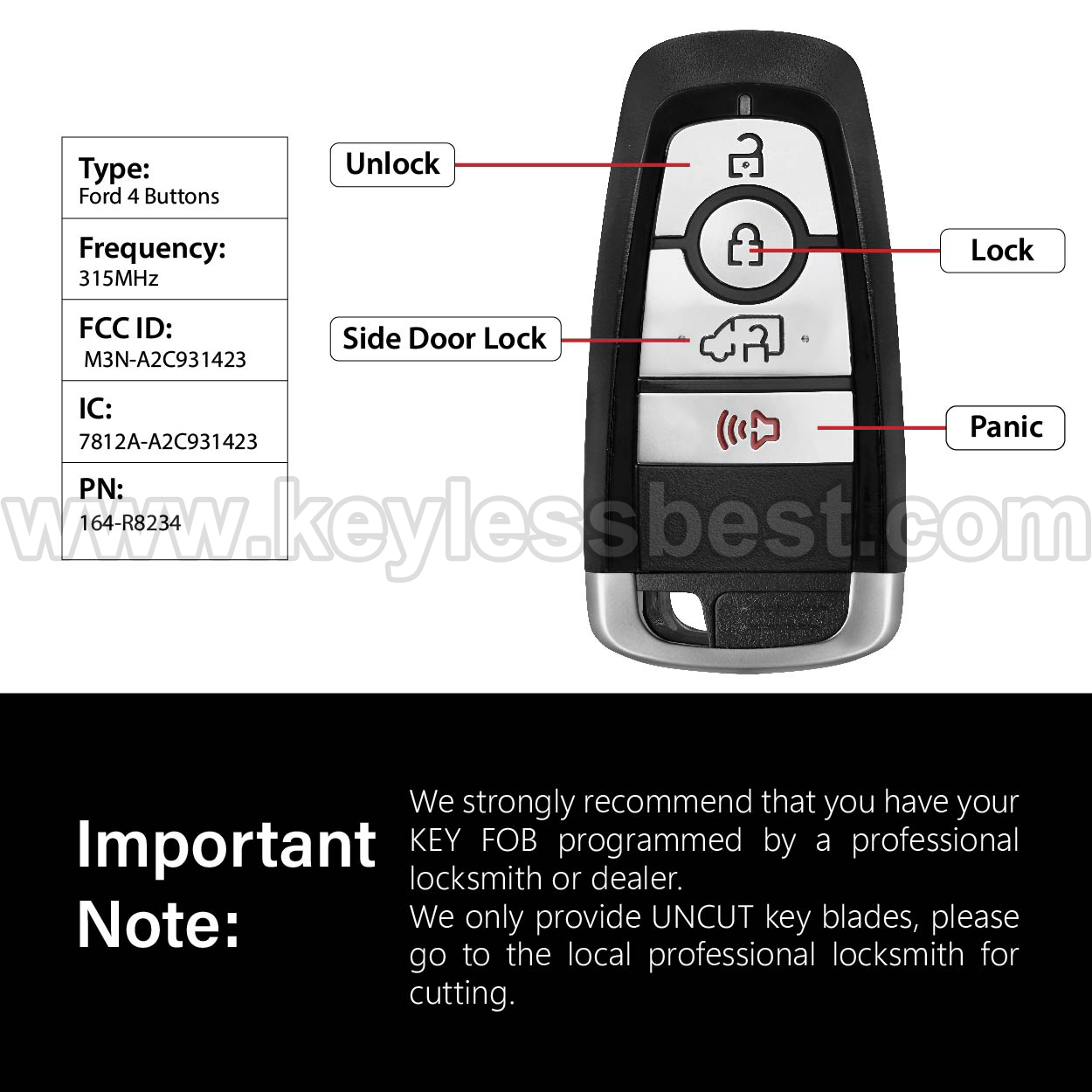2019 Ford Transit Connect / 4 Buttons Keyless Entry Remote / M3N-A2C931423 / PN: 164-R8234 - Image 3