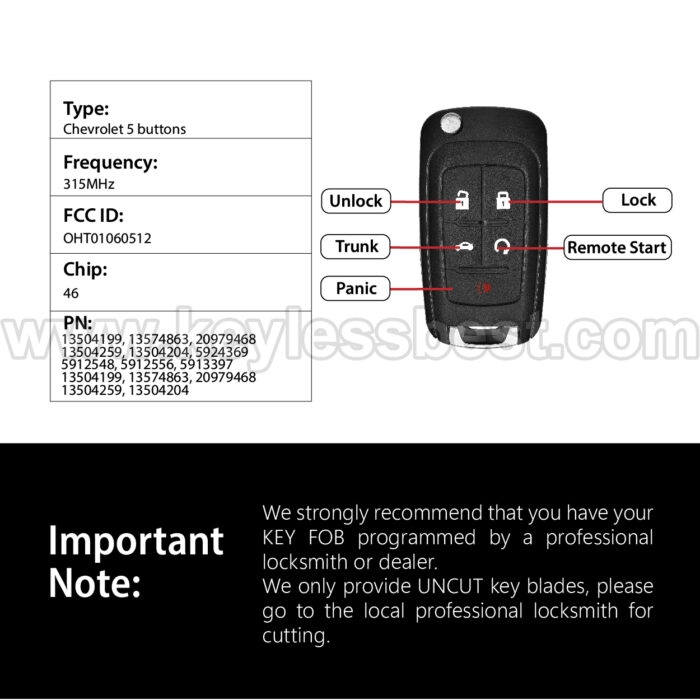 2010-2020 Buick Chevrolet GMC Allure Encore Lacrosse Regal / 5 Buttons Keyless Entry Remote / OHT01060512 / PN:13504199, 13574863, 20979468,  20979468, 13504259 - Image 3
