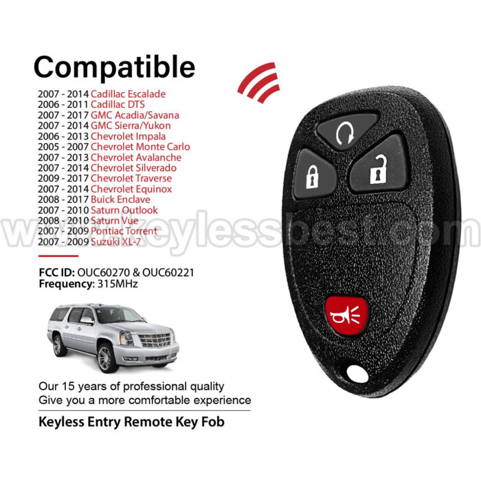 2005-2017 Cadillac GMC Chevrolet Saturn Buick Pontiac Suzuki Escalade / 4 Buttons Keyless Entry Remote / OUC60270 & OUC60221 / PN:15913421, 20868672, 20952474 - Image 2