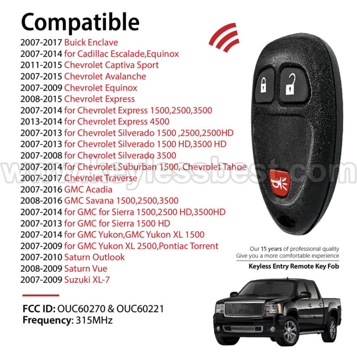 2007-2017 Cadillac Chevrolet Buick GMC Pontiac Saturn Suzuki / 3 Buttons Keyless Entry Remote / OUC60270 & OUC60221 / PN: 20869056, 15913420, 20952475, 22936099 - Image 2
