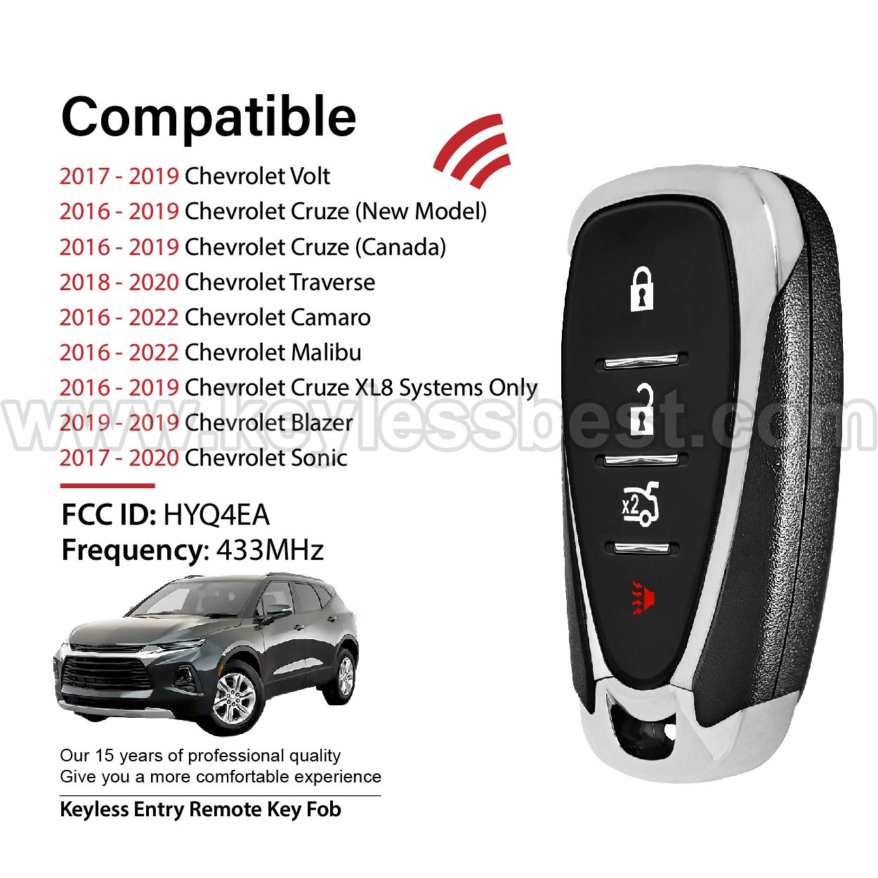 2016-2022 Chevrolet Volt Cruze (New Model) Traverse Camaro Malibu Cruze XL8 Systems Only Blazer Sonic / 4 Buttons Keyless Entry Remote / HYQ4EA / PN: 13508771,13584504, 13529660 / 46 - Image 2