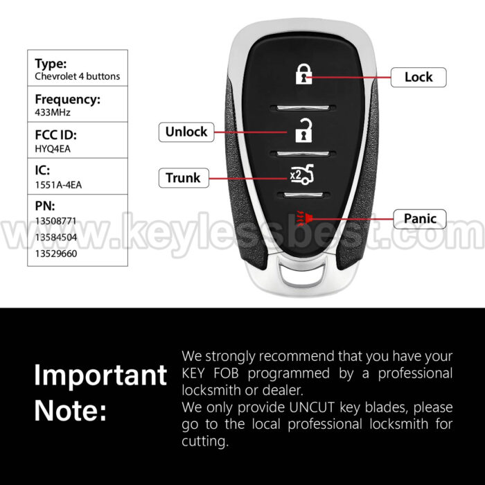 2016-2022 Chevrolet Volt Cruze (New Model) Traverse Camaro Malibu Cruze XL8 Systems Only Blazer Sonic / 4 Buttons Keyless Entry Remote / HYQ4EA / PN: 13508771,13584504, 13529660 / 46 - Image 3