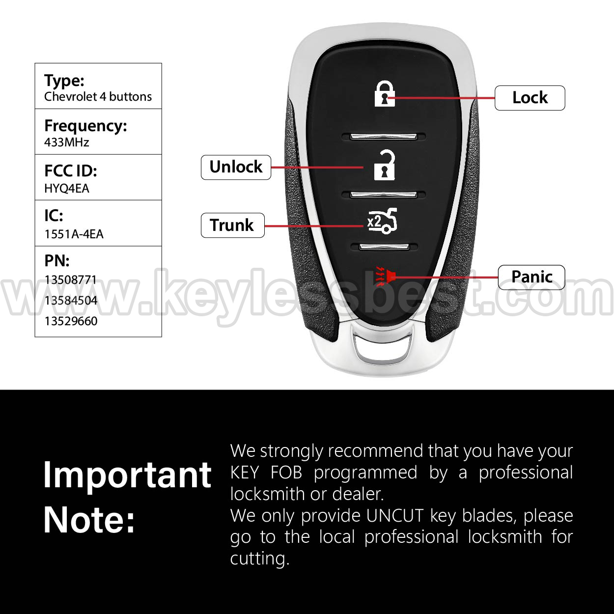 2016-2022 Chevrolet Volt Cruze (New Model) Traverse Camaro Malibu Cruze XL8 Systems Only Blazer Sonic / 4 Buttons Keyless Entry Remote / HYQ4EA / PN: 13508771,13584504, 13529660 / 46 - Image 3
