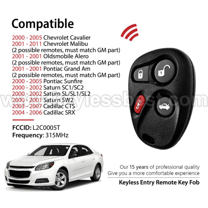 2000-2011 Chevrolet Pontiac Saturn Cadillac Cavalier Malibu Alero Grand Am Sunfire SC1 SC2 SL SL1 SL2 SW2 CTS SRX / 4  Buttons Keyless Entry Remote / L2C0005T / PN: 1626307499, 12223134, 12223132, 19115765, 19115766, 09378610, 09378620, 12223130-50 - Image 2