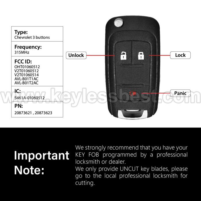 2010-2019 Buick GMC Chevrolet Spark Sonic Trax Equinox Terrain Encore / 3 Buttons Keyless Entry Remote / OHT01060512, OHT01060512, V2T01060512, V2T01060514, AVL-B01T1AC, AVL-B01T2AC / PN:20873621 , 20873623 / 46 - Image 3