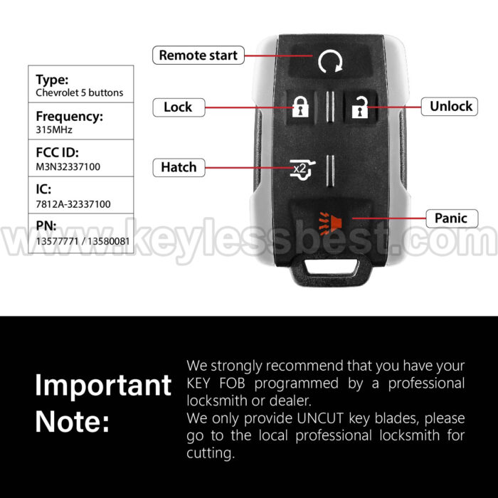 2014 - 2019 Chevrolet GMC Colorado Silverado Suburbant Tahoe Canyon Sierra Yukon / 5 Buttons Keyless Entry Remote / M3N32337100 / PN: 13577771, 13580081 - Image 3