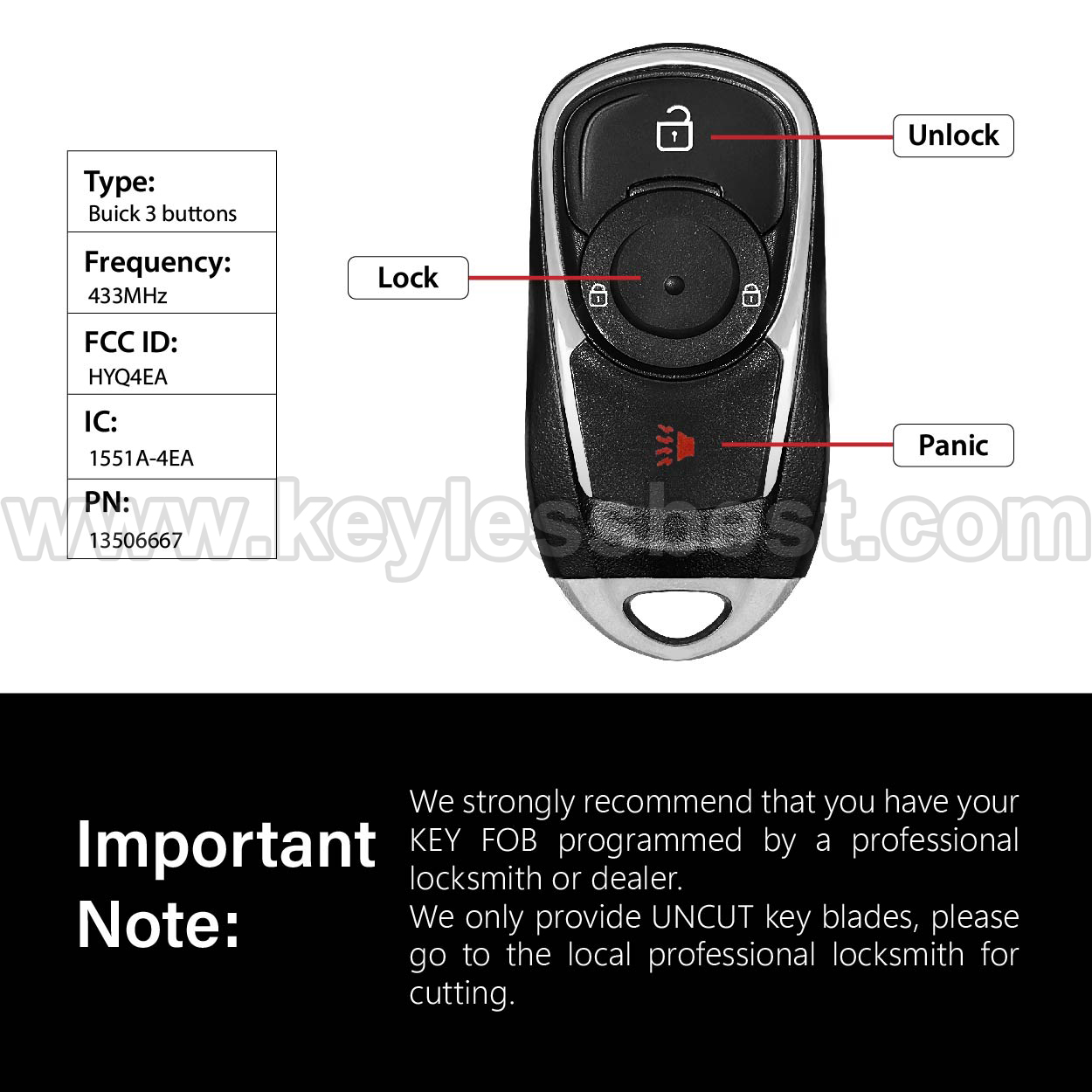 2018-2020 Buick Regal / 3 Buttons Keyless Entry Remote / HYQ4EA / PN:13506667 - Image 3