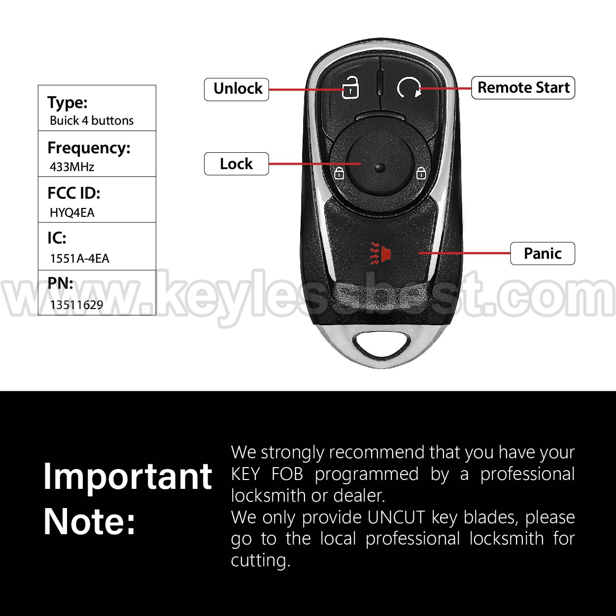 2018-2020 Buick Regal Encore GX / 4 Buttons Keyless Entry Remote / HYQ4EA / PN:13511629 - Image 3