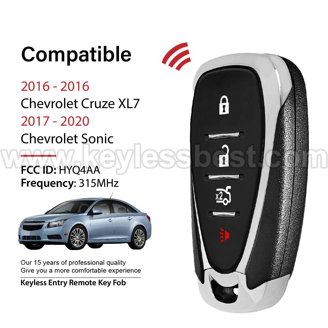 2016-2020 Chevrolet Cruze XL7 Sonic / 4 Buttons Keyless Entry Remote / HYQ4AA / PN:13508770, 13529661 / 46 - Image 2