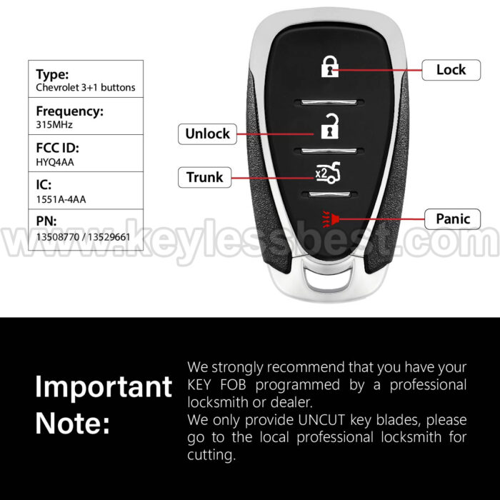 2016-2020 Chevrolet Cruze XL7 Sonic / 4 Buttons Keyless Entry Remote / HYQ4AA / PN:13508770, 13529661 / 46 - Image 3