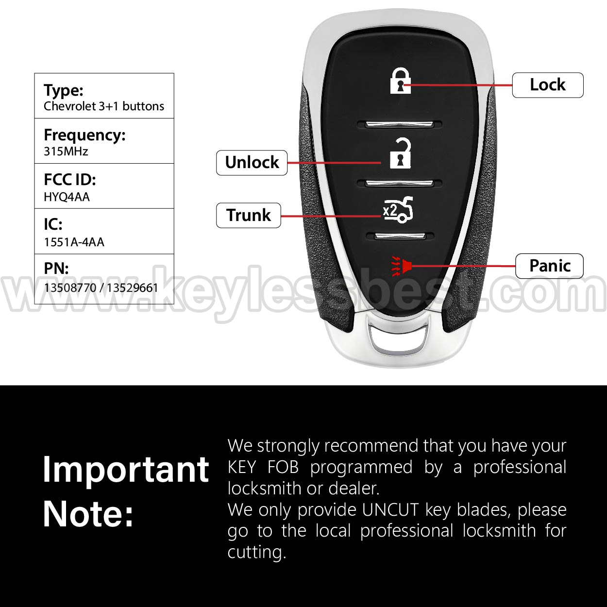 2016-2020 Chevrolet Cruze XL7 Sonic / 4 Buttons Keyless Entry Remote / HYQ4AA / PN:13508770, 13529661 / 46 - Image 3