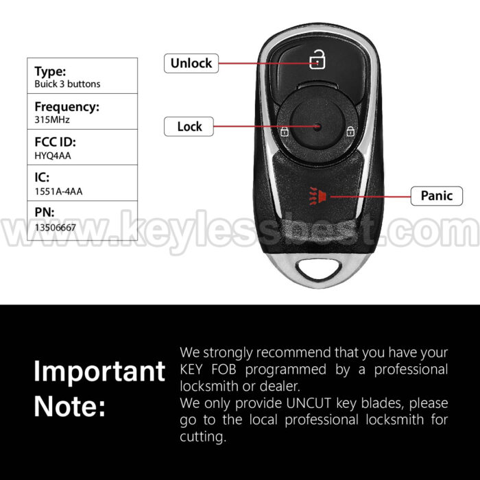 2017-2020 Buick Encore / 3 Buttons Keyless Entry Remote / HYQ4AA / PN:13506667 - Image 3