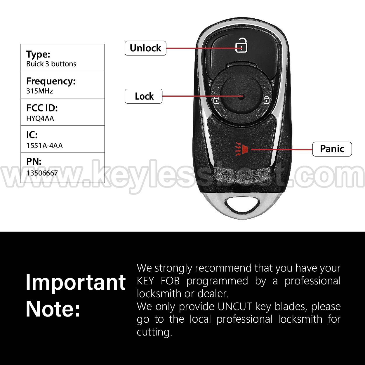 2017-2020 Buick Encore / 3 Buttons Keyless Entry Remote / HYQ4AA / PN:13506667 - Image 3