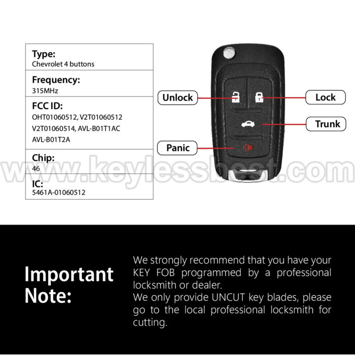 2010-2019 Chevrolet GMC Buick Allure Encore Verano Regal LaCrosse  / 4 Buttons Keyless Entry Remote/ OHT01060512 /PN: 13504199, 13574863, 20979468, 13504259, 13504204 , 5924369 / 46 - Image 3