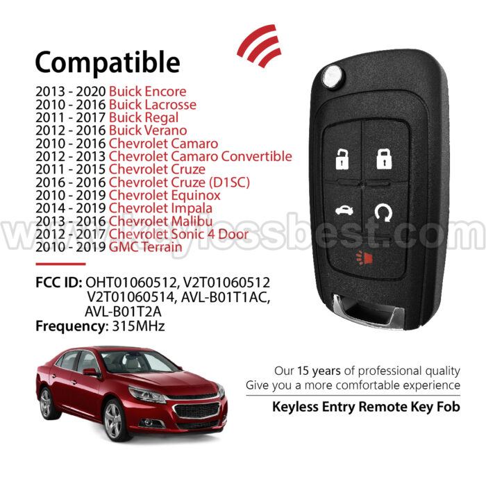 2010-2019 Chevrolet GMC Buick Allure Encore Verano Regal LaCrosse / 5 Buttons Keyless Entry Remote / OHT01060512,V2T01060512, V2T01060514 / PN:13500319, 13504202, 13500224 / 46 - Image 2