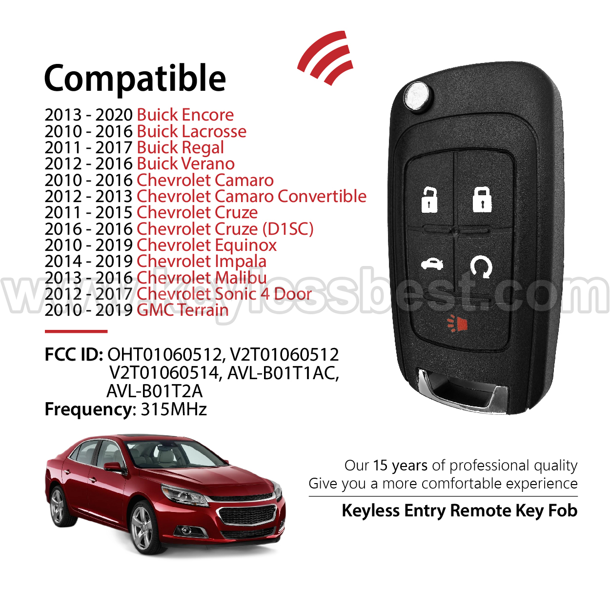 2010-2019 Chevrolet GMC Buick Allure Encore Verano Regal LaCrosse / 5 Buttons Keyless Entry Remote / OHT01060512,V2T01060512, V2T01060514 / PN:13500319, 13504202, 13500224 / 46 - Image 2