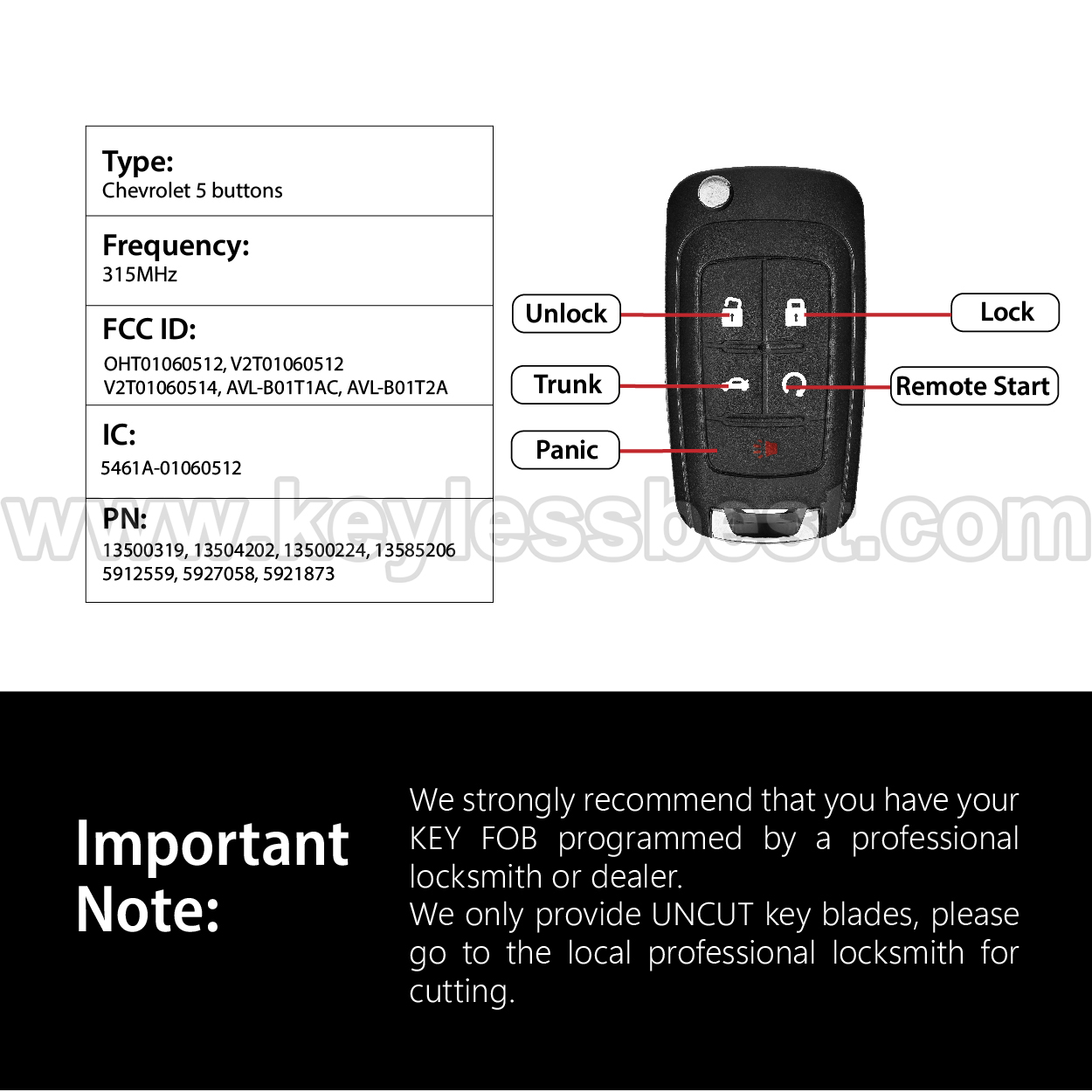 2010-2019 Chevrolet GMC Buick Allure Encore Verano Regal LaCrosse / 5 Buttons Keyless Entry Remote / OHT01060512,V2T01060512, V2T01060514 / PN:13500319, 13504202, 13500224 / 46 - Image 3