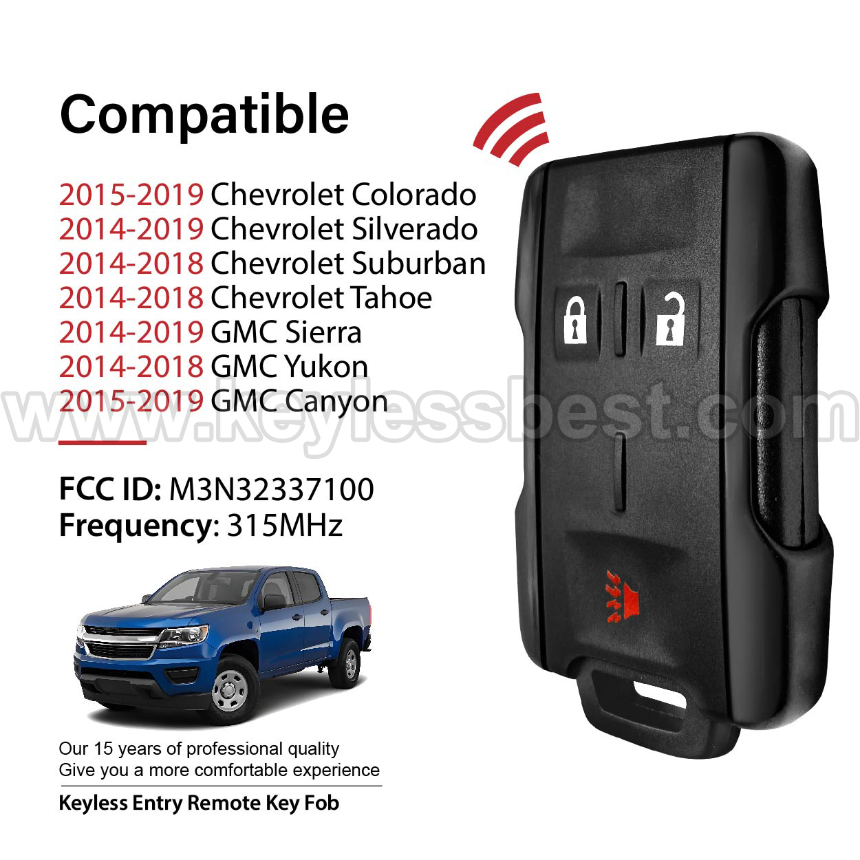 2014-2019 Chevrolet GMC Colorado Silverado Suburban Tahoe Sierra Yukon Canyon / 3 Buttons Keyless Entry Remote / M3N32337100 / PN: 13577771 - Image 2