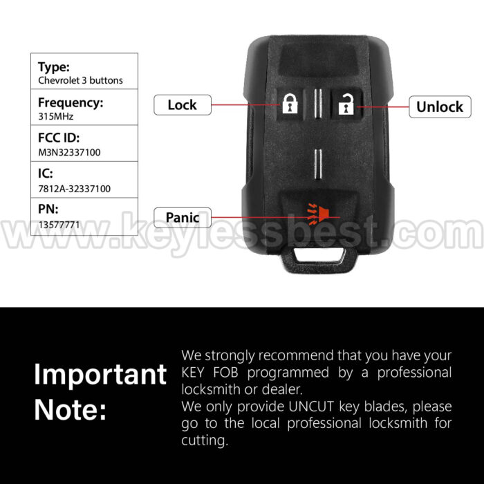 2014-2019 Chevrolet GMC Colorado Silverado Suburban Tahoe Sierra Yukon Canyon / 3 Buttons Keyless Entry Remote / M3N32337100 / PN: 13577771 - Image 3