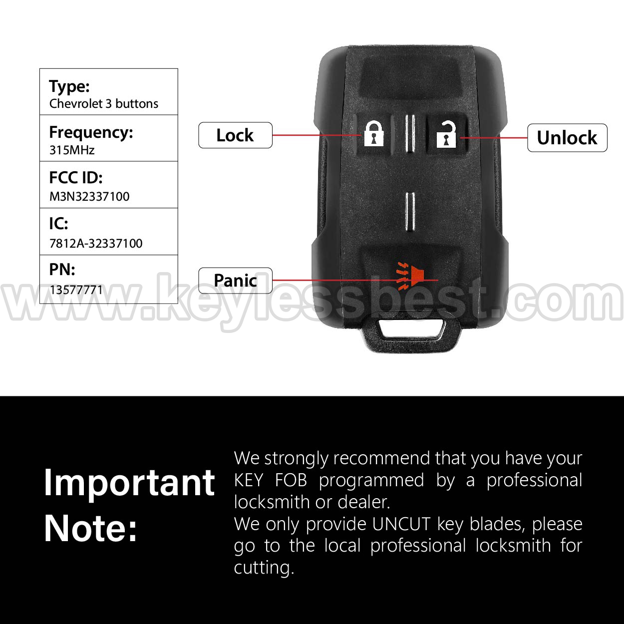 2014-2019 Chevrolet GMC Colorado Silverado Suburban Tahoe Sierra Yukon Canyon / 3 Buttons Keyless Entry Remote / M3N32337100 / PN: 13577771 - Image 3