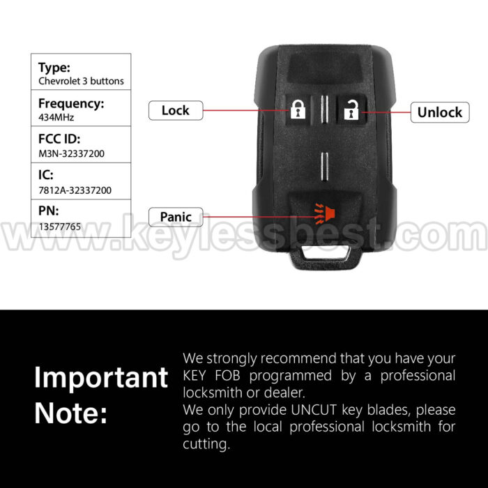 2017-2021 Chevrolet GMC Silverado Sierra Colorado / 3 Buttons Keyless Entry Remote / M3N-32337200 - Image 3