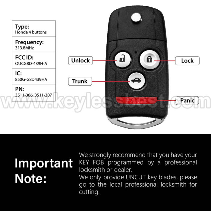 2007-2008 Acura TL / 4 Buttons Keyless Entry Remote / OUCG8D-439H-A / PN: 3511-306, 3511-307 / ID46 - Image 3
