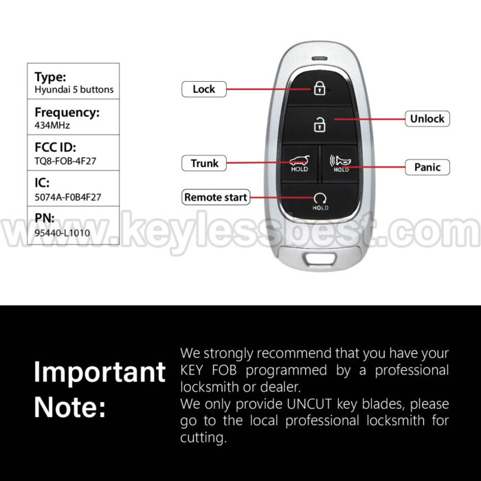 2019 - 2023 Hyundai Sonata / 5 Buttons Keyless Entry Remote / TQ8-FOB-4F27 / PN: 95440-L1010 / 47 - Image 3