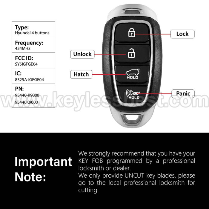 2019 - 2020 Hyundai Veloster N / 4 Buttons Keyless Entry Remote / SY5IGFGE04 / PN: 95440-K9000, 95440K9000 - Image 3