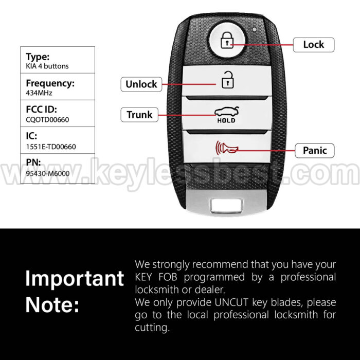 2019-2021 Kia Forte / 4 Buttons Keyless Entry Remote / CQOTD00660 / PN: 95430-M6000 - Image 3