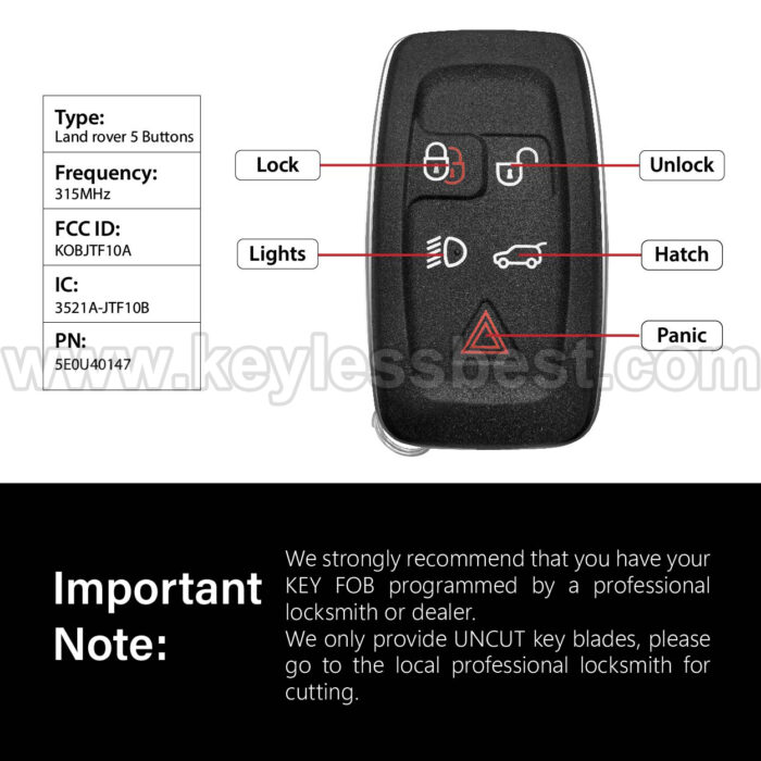 2012-2018 Land Rover LR2 LR4 Discovery / 5 Buttons Keyless Entry Remote /  KOBJTF10A / PN: 5E0U40147 - Image 3