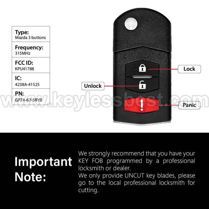 2004-2008 Mazda 6 Hatchback 6 Wagon RX-8 / 3 Buttons Keyless Entry Remote / KPU41788 / PN: GP7A-67-5RYB / 63 80bit - Image 3