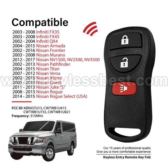 2002-2017 Infiniti Nissan FX35 FX45 QX4 Armada Frontier Murano NV1500, NV2500, NV3500 Pathfinder Titan Versa Xterra / 3 Buttons Keyless Entry Remote / KBRASTU15, CWTWB1U415, CWTWB1U733, CWTWB1U821 / PN: 28268-5W501, 28268-5W500, 28268-7Z800, 28268-C990A,28268-ZT03A - Image 2