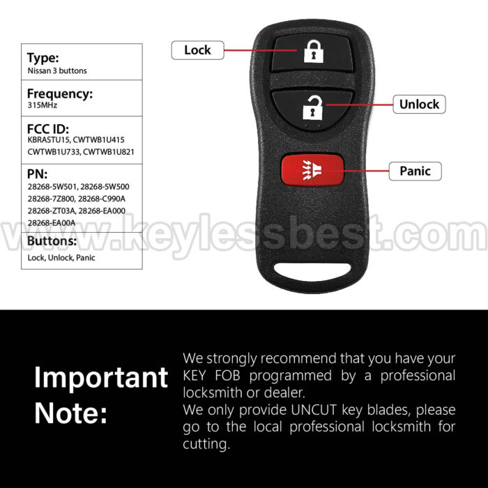 2002-2017 Infiniti Nissan FX35 FX45 QX4 Armada Frontier Murano NV1500, NV2500, NV3500 Pathfinder Titan Versa Xterra / 3 Buttons Keyless Entry Remote / KBRASTU15, CWTWB1U415, CWTWB1U733, CWTWB1U821 / PN: 28268-5W501, 28268-5W500, 28268-7Z800, 28268-C990A,28268-ZT03A - Image 3