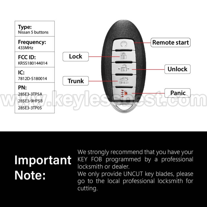 2013-2015 Nissan Altima Maxima / 5 Buttons Keyless Entry Remote / KR5S180144014 / PN: 285E3-3TP5A , 285E3-9HP5B , 285E3-3TP05 / 47 - Image 3
