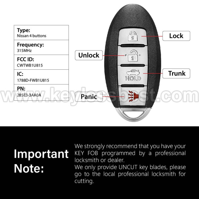 2012 - 2016 NISSAN SENTRA VERSA / 4 Buttons Keyless Entry Remote / CWTWB1U815 / PN: 285E3-3AA0A / ID46 - Image 3