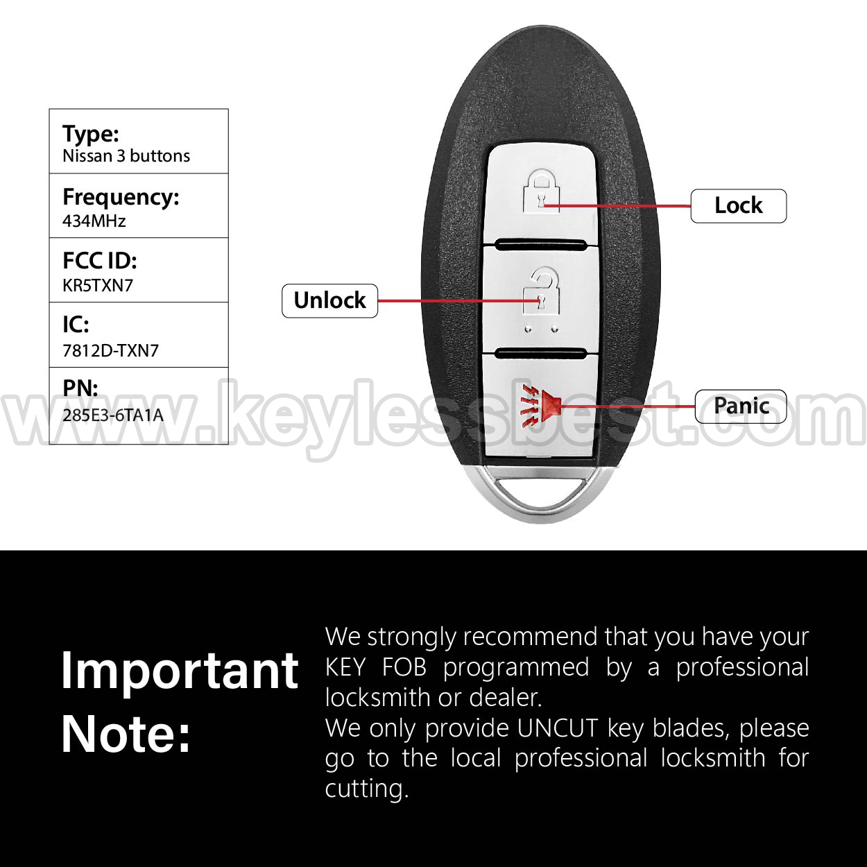 2019-2020 Nissan Murano Pathfinder / 3 Buttons Keyless Entry Remote / KR5TXN7 / PN:285E3-6TA1A - Image 3