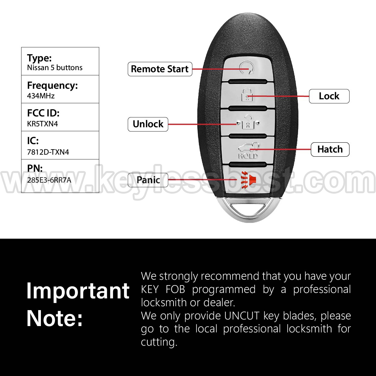 2019-2020 Nissan Rogue Rogue Hybrid / 5 Buttons Keyless Entry Remote / KR5TXN4 / PN: 285E3-6RR7A - Image 3