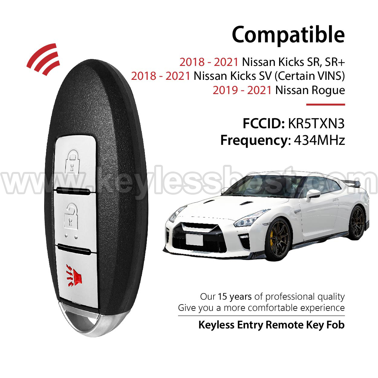 2018-2021 Nissan Kicks SR, SR+ Kicks SV (Certain VINS) Rogue / 3 Buttons Keyless Entry Remote / KR5TXN3 / PN: 285E3-5RA6A - Image 2