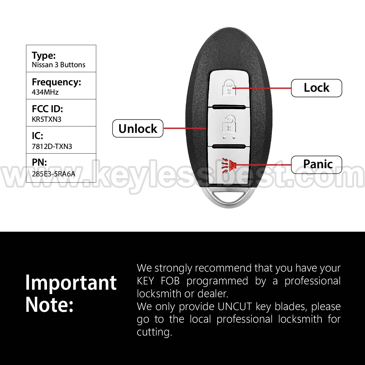 2018-2021 Nissan Kicks SR, SR+ Kicks SV (Certain VINS) Rogue / 3 Buttons Keyless Entry Remote / KR5TXN3 / PN: 285E3-5RA6A - Image 3