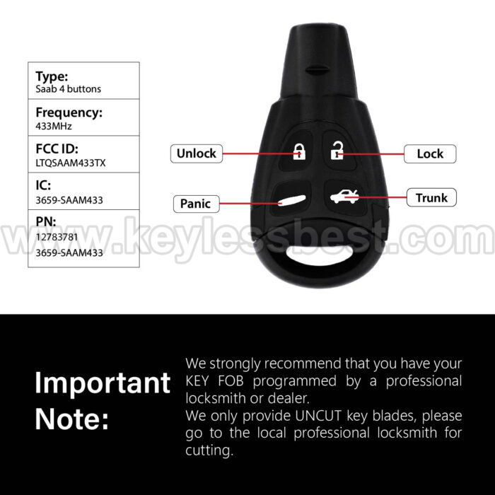 2003-2011 Saab 9-3 9-5 / 4 Buttons Keyless Entry Remote / LTQSAAM433TX / PN: 12783781 3659-SAAM433 / ID46 - Image 3