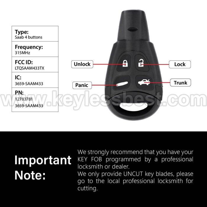 2003-2011 Saab 9-3 9-5 / 4 Buttons Keyless Entry Remote / LTQSAAM433TX / PN: 12783781 3659-SAAM433 / ID46 - Image 3