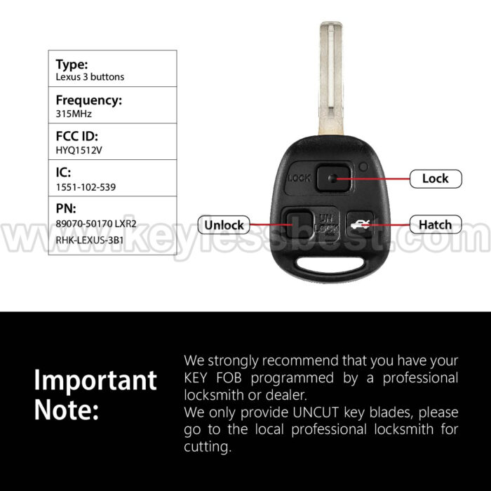 1998-2005 Lexus ES300 GS300 GS400 GS430 IS300 LS400 / 3 Buttons Keyless Entry Remote / HYQ1512V / PN: 89070-50170 LXR2 RHK-LEXUS-3B1 / ID 4C - Image 3