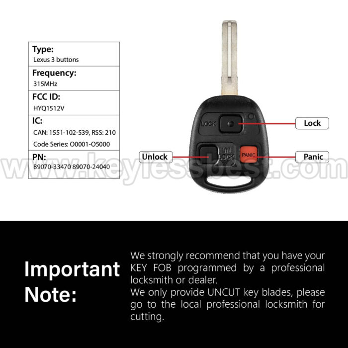 1998-2005 Lexus ES300 SC300 SC400 GS300 / 3 Buttons Keyless Entry Remote / HYQ1512V / PN:89070-33470 89070-24040 / ID 4C - Image 3