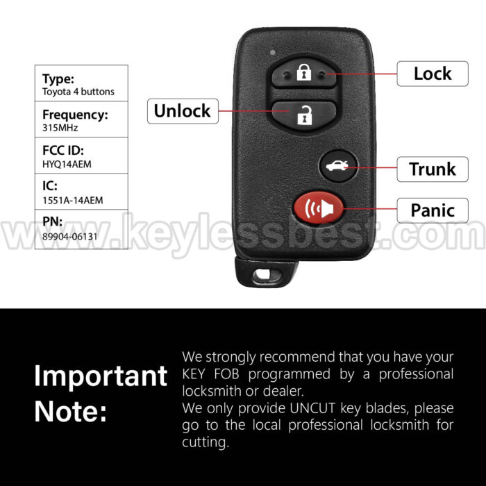 2009-2014 Toyota Avalon Camry Corolla / 4 Buttons Keyless Entry Remote / HYQ14AEM / PN: 89904-06131 - Image 3