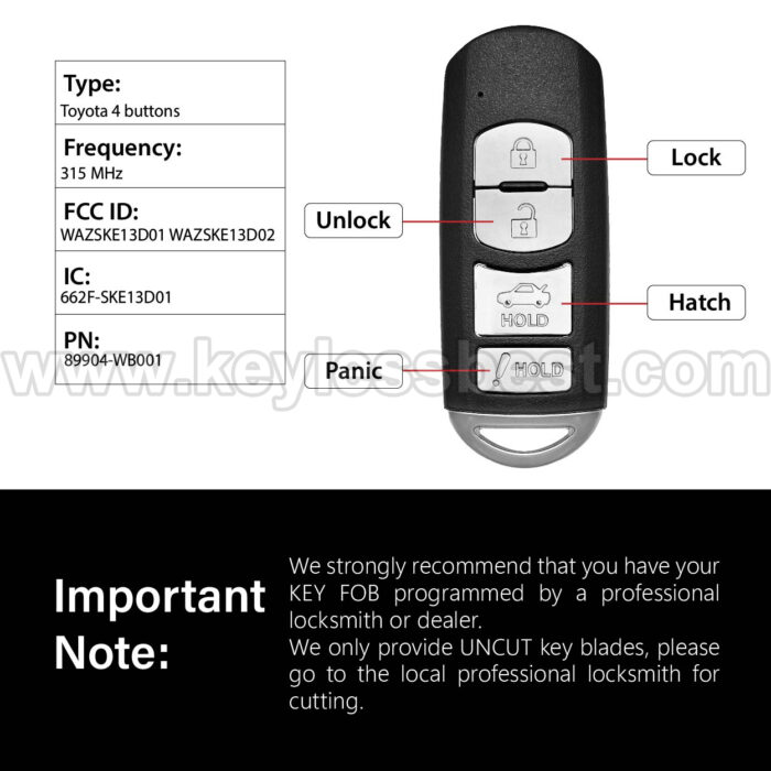 2017-2020 Toyota Yaris iA / 4 Buttons Keyless Entry Remote / WAZSKE13D01 WAZSKE13D02 / PN: 89904-WB001 - Image 3