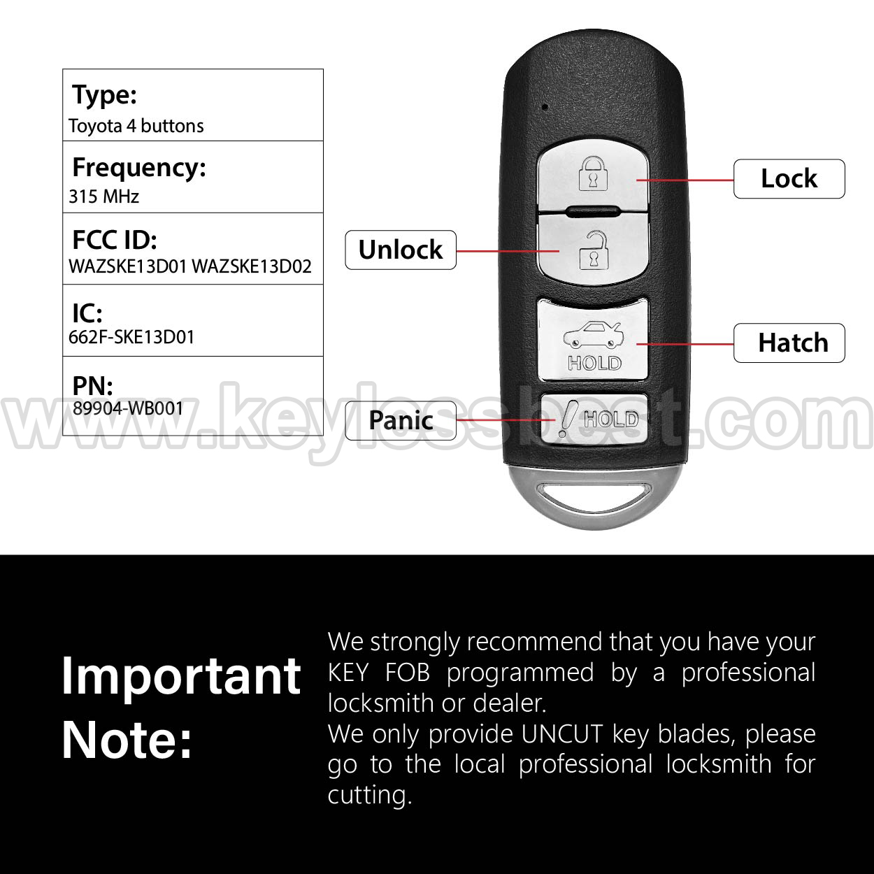 2017-2020 Toyota Yaris iA / 4 Buttons Keyless Entry Remote / WAZSKE13D01 WAZSKE13D02 / PN: 89904-WB001 - Image 3