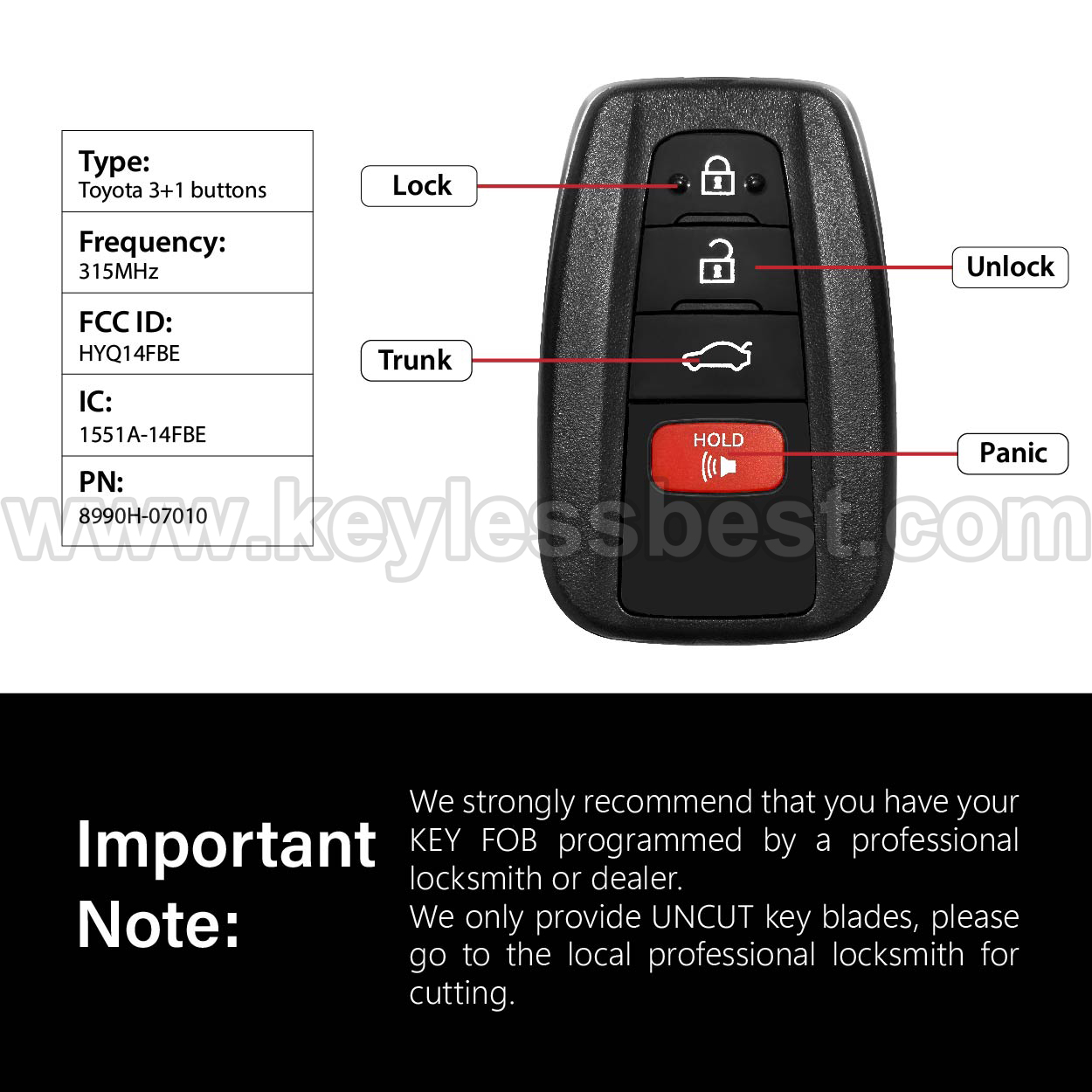 2019 Toyota Avalon / 4 Buttons Keyless Entry Remote / HYQ14FBE / PN: 8990H-07010 - Image 3